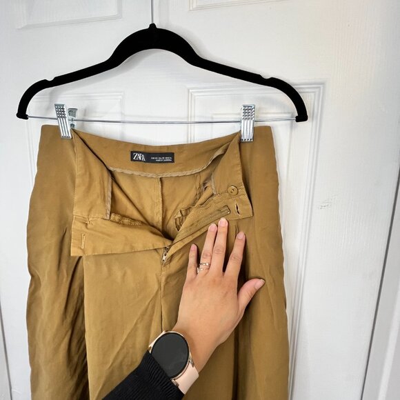 ZARA XS High Rise Mustard/Brown Viscose Linen Wide Leg Trousers With Pockets - Picture 6 of 16
